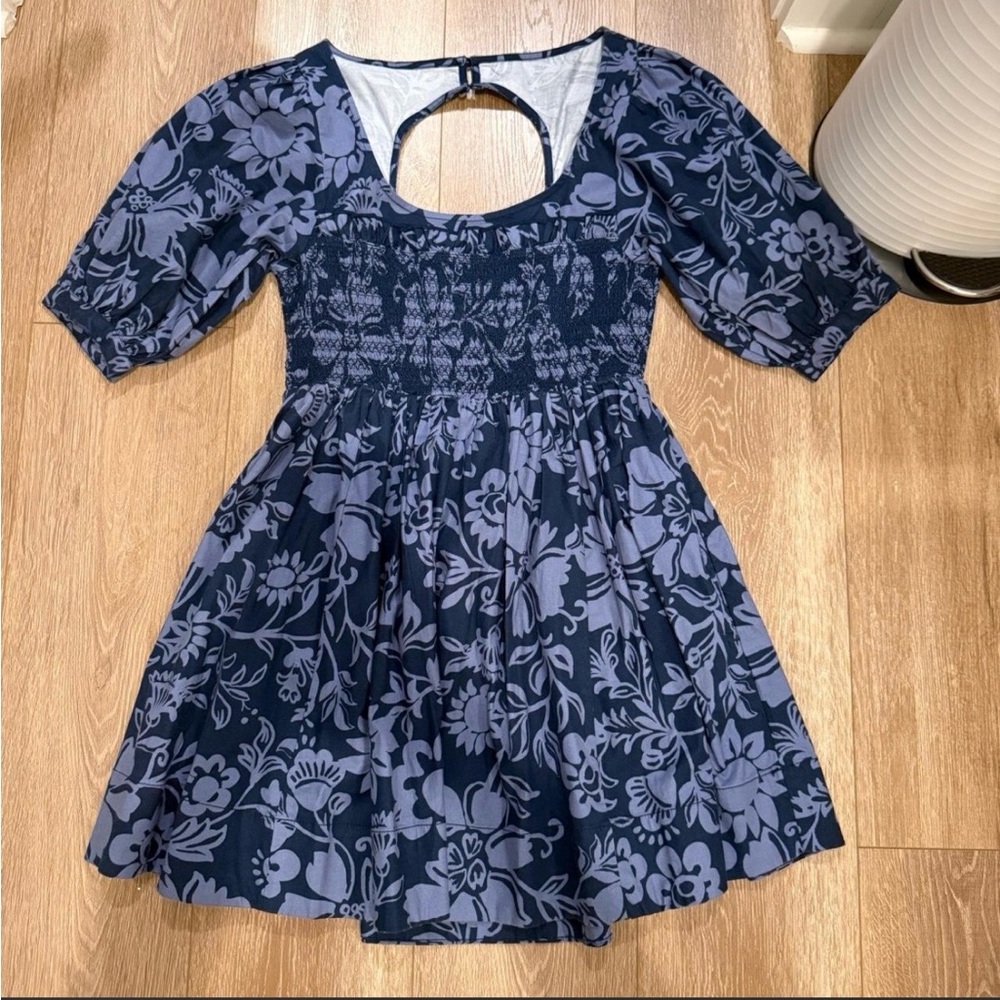 Free People Navy Floral Smocked Mini Dress